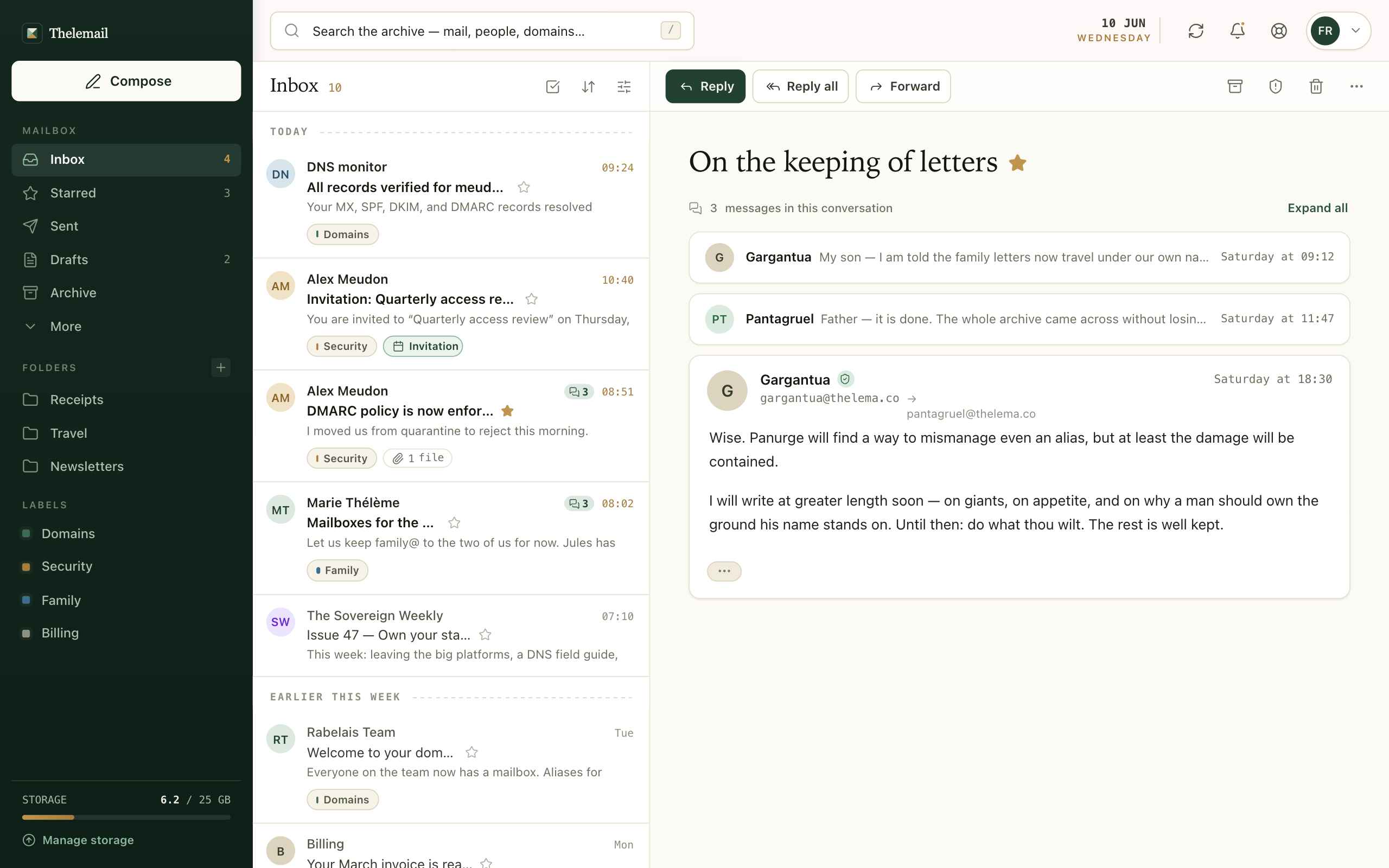 The Thelemail web app — inbox with labels, an open conversation, and domain notifications